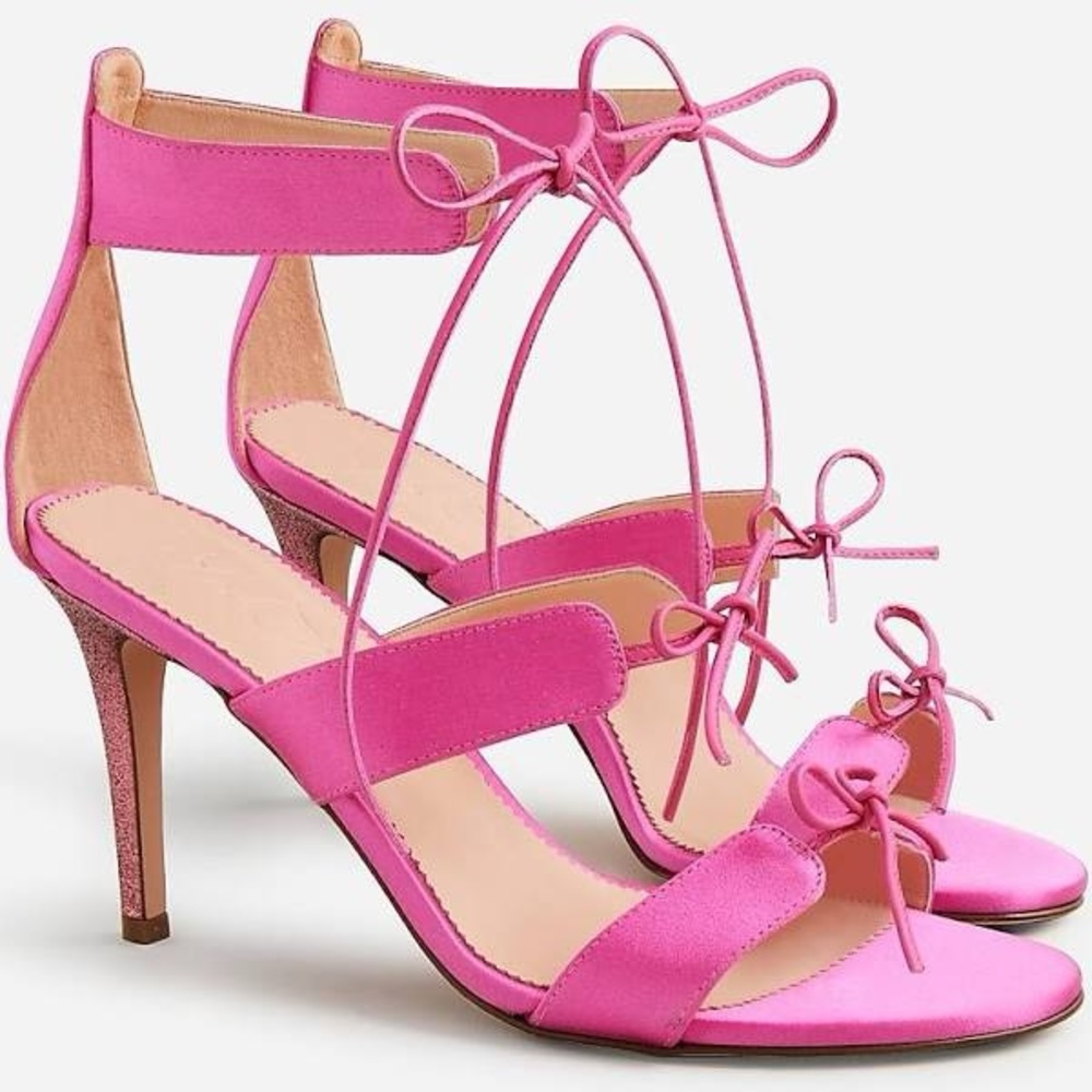 J CREW COLLECTION ITALIAN SATIN LACE UP GLITTER HEELS PINK NIB SZ 8 - Picture 2 of 3